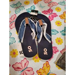 SO Womens Navy Blue Denim Frayed Thong Flip Flops Sandals Size 10 NEW